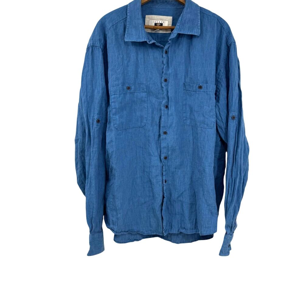 Joseph Abboud 100% Linen Button Up Shirt Mens XXL Blue Roll Tab Sleeve Coastal